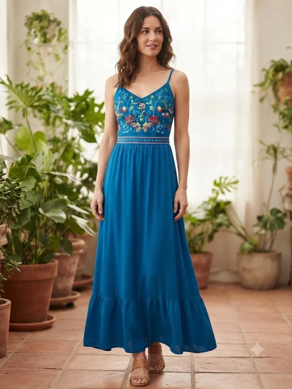 Cupshe Small Blue Floral Embroidered Spaghetti Strap Swimsuit Dress
